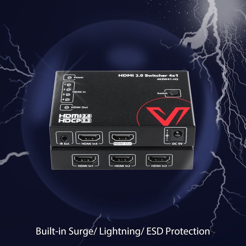 v AV Access AV Access HDMI 2.0 Switch 4 in 1 Out UHD 4K@60Hz & 1080p@120Hz, HDR10 Dobly Vision and 3D, 18Gbps Zero Latency, HDCP 2.2, Plug & Play, IR Remote/Plug-in/Button Switch, Digital DTS-HD TrueHD Audio - Image 4